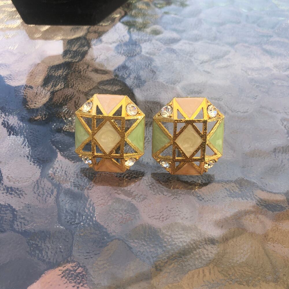 Avon Vintage 80s Avon Shaped Pastel Enamel Rhinestone Gold Tone Clip Earrings
